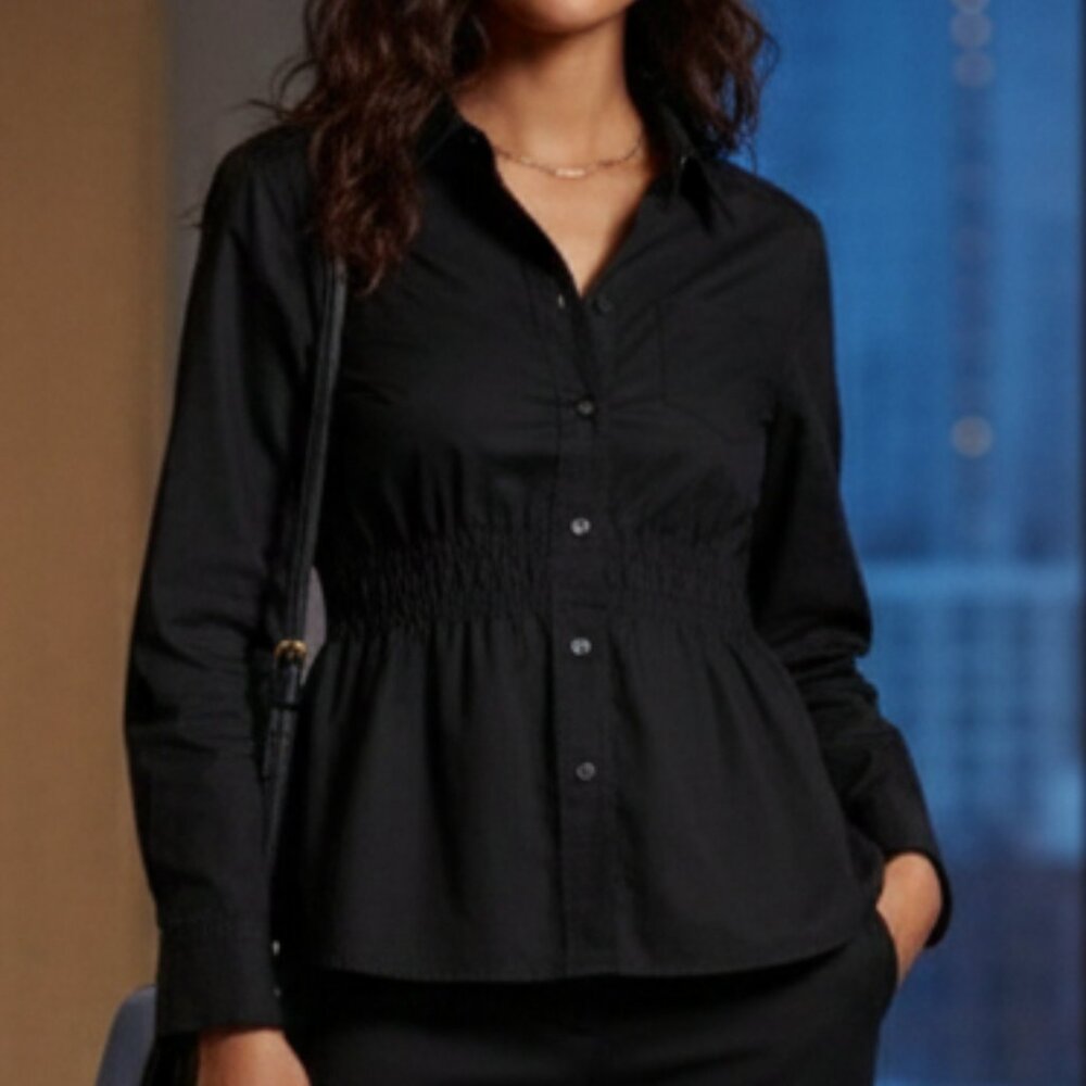 Peplum Shirred Waist Marc Jacobs Black Cotton Button-Up Blouse Size 8